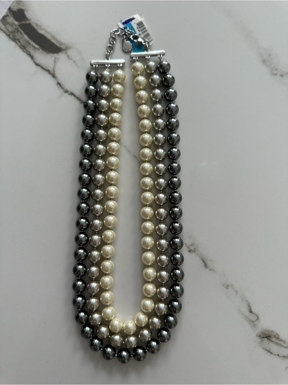 Macy's Three-Strand Pearl Necklace in White & Gunmetal - Picture 3 of 3